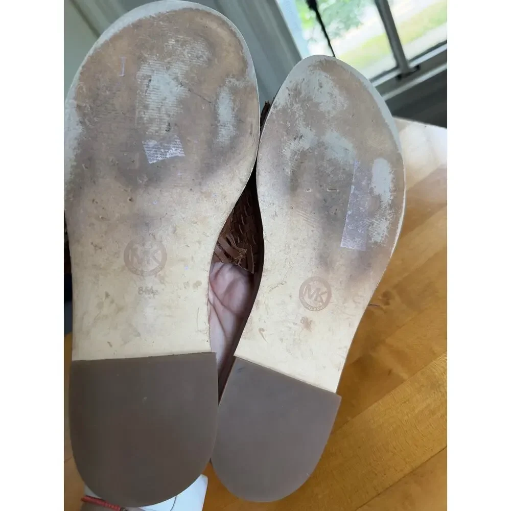 Michael Kors Dee Woven Leather Brown Slide Sandals Size 8